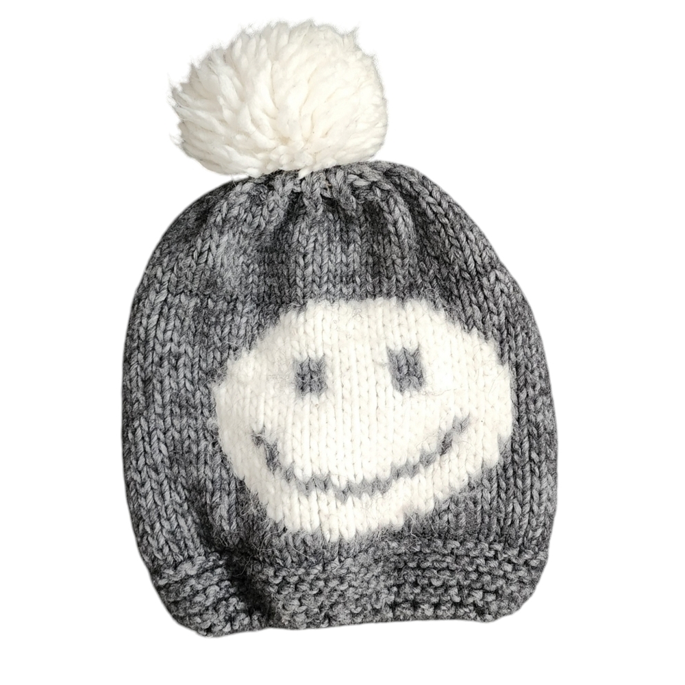 NARDI &‎ TAGLIAFERRI Be Happy beanie happy face grey white pom pom knit beanie